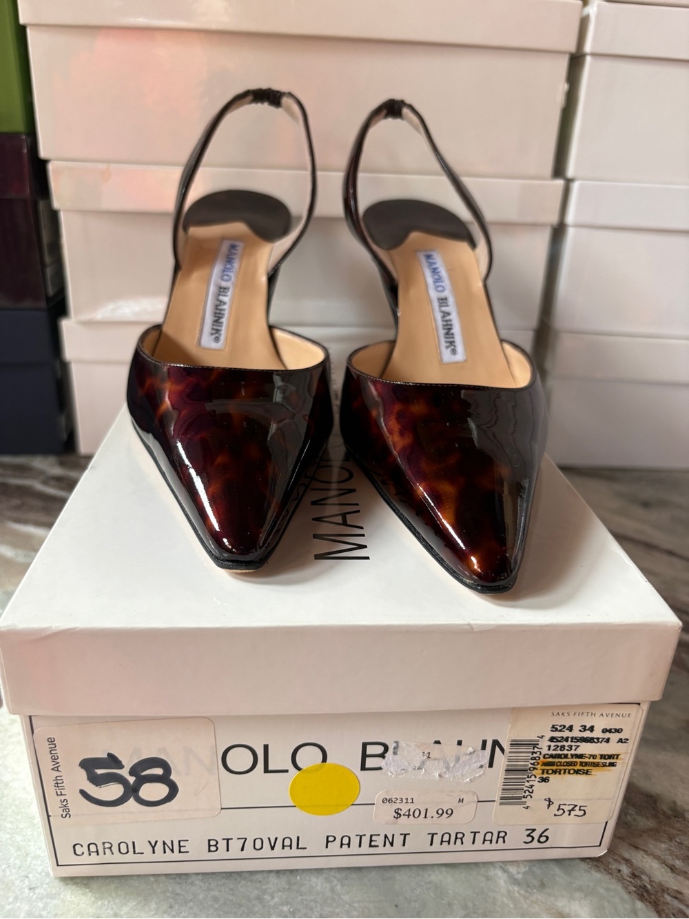 Manolo Blahnik Patent Tortoise Slingback Mules in Rich Brown & Black